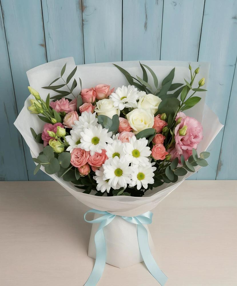 Букет цветов из: Розы, Лизиантусы и Хризантемы в Гагино