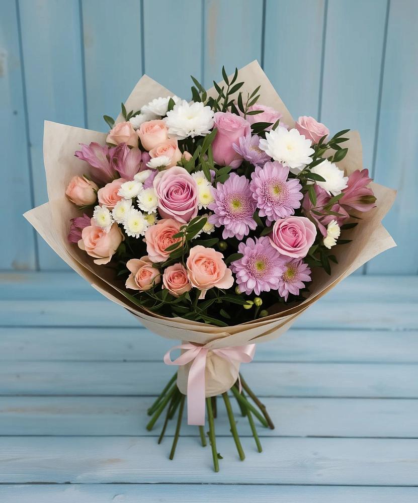 Букет цветов из: Хризантемы, Розы и Альстромерии в Гагино