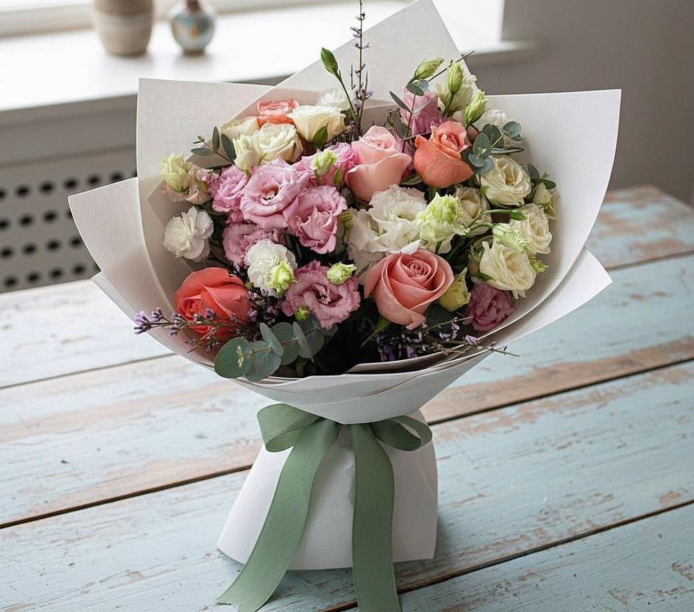 Букет цветов из: Розы, Лизиантусы и Гвоздики в Гагино