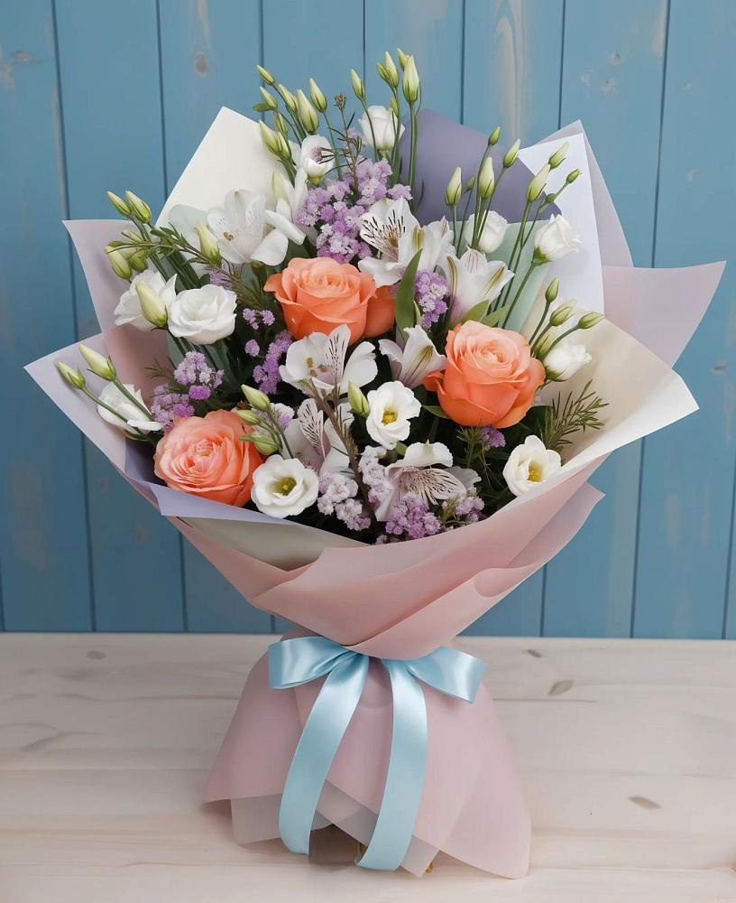 Букет цветов из: Лизиантусы, Розы, Альстромерии и Гипсофила в Гагино